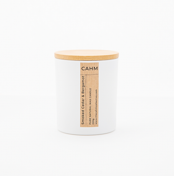 Smoked Cedar and Bergamot White Luxe Candle from CAHM collective Yorkshire
