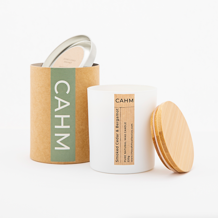 Smoked Cedar and Bergamot White Luxe Candle from CAHM collective Yorkshire