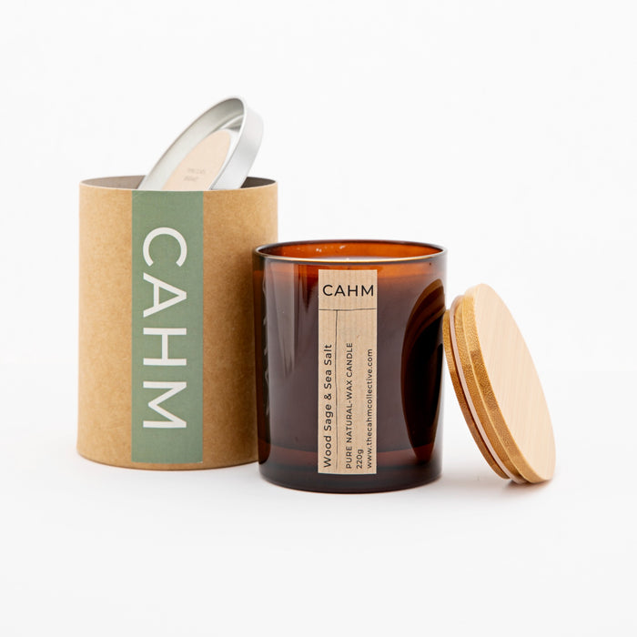 Wood Sage & Sea Salt Luxury Jar Candle from CAHM. Comes in a CAHM designed cardboard protective tube.