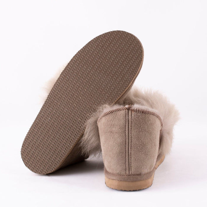 Reverse view and Sole view of Amalia Stone womens toscana trim hard soled slippers  by Shepherd of Sweden
