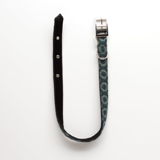 Large Pure Wool Dog Collar. A teal Halos and Spots wool dog collar, witch chrome adjustable buckle and tag loop.