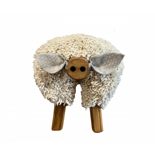 Melin Tregwynt spotted ear Pig Ewemoo Footstool in Ivory Oak. Ivory padded footrest with oak legs.