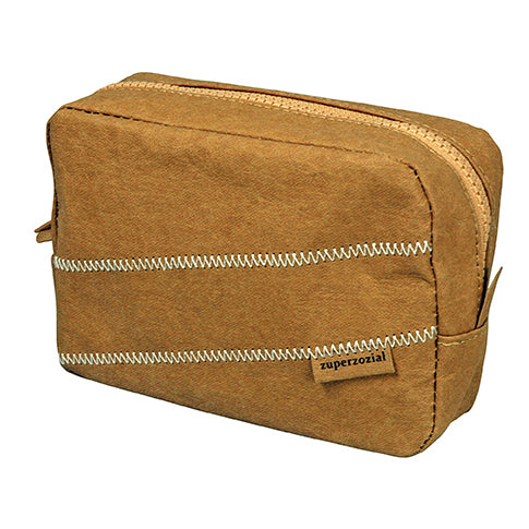 Tan Short Stay Wash/Toiletry Bag from Zuperzozial. A paper material zippable bag for toiletries.