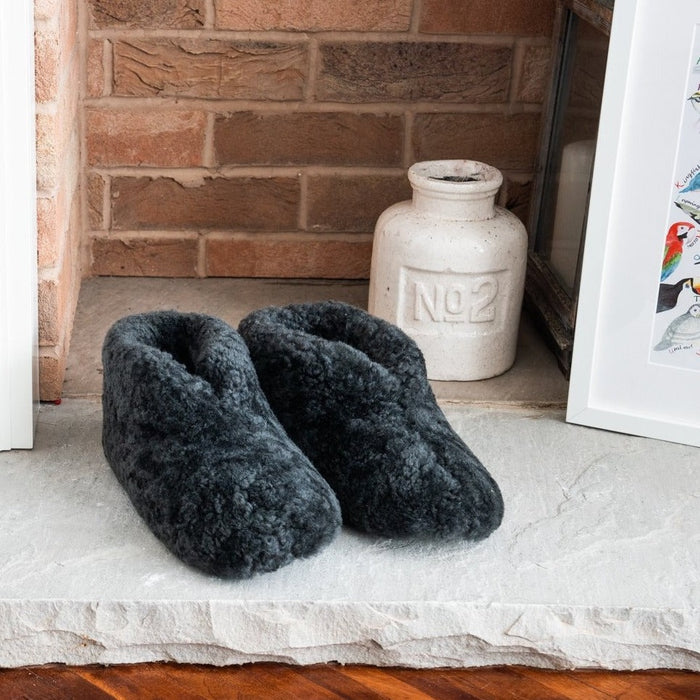 Ulla Asphalt Women's Thick Grey Sheepskin Soft Soled Slippers, from Shepherd of Sweden.