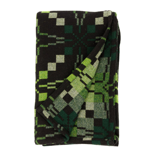 Woodland Greeen Vintage Star Wool Throw, Melin Tregwynt woven wool throw. Feautres Vintage Star repeating pattern in deep brown, light and rich greens